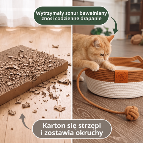 Bawełniany sznur znosi codzienne drapanie, karton się strzępi